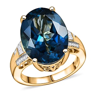 Certified & Appraised D'Joy London Blue Topaz and Moissanite 16.50 ctw Midnight Elegance Ring in 18K Vermeil Yellow Gold Over Sterling Silver (Size 9.0)