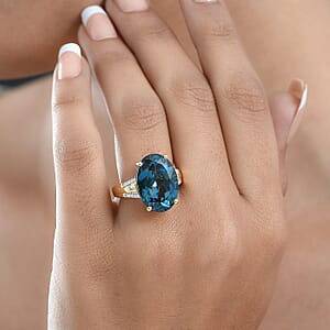 Certified & Appraised D'Joy London Blue Topaz and Moissanite 16.50 ctw Midnight Elegance Ring in 18K Vermeil Yellow Gold Over Sterling Silver (Size 9.0)