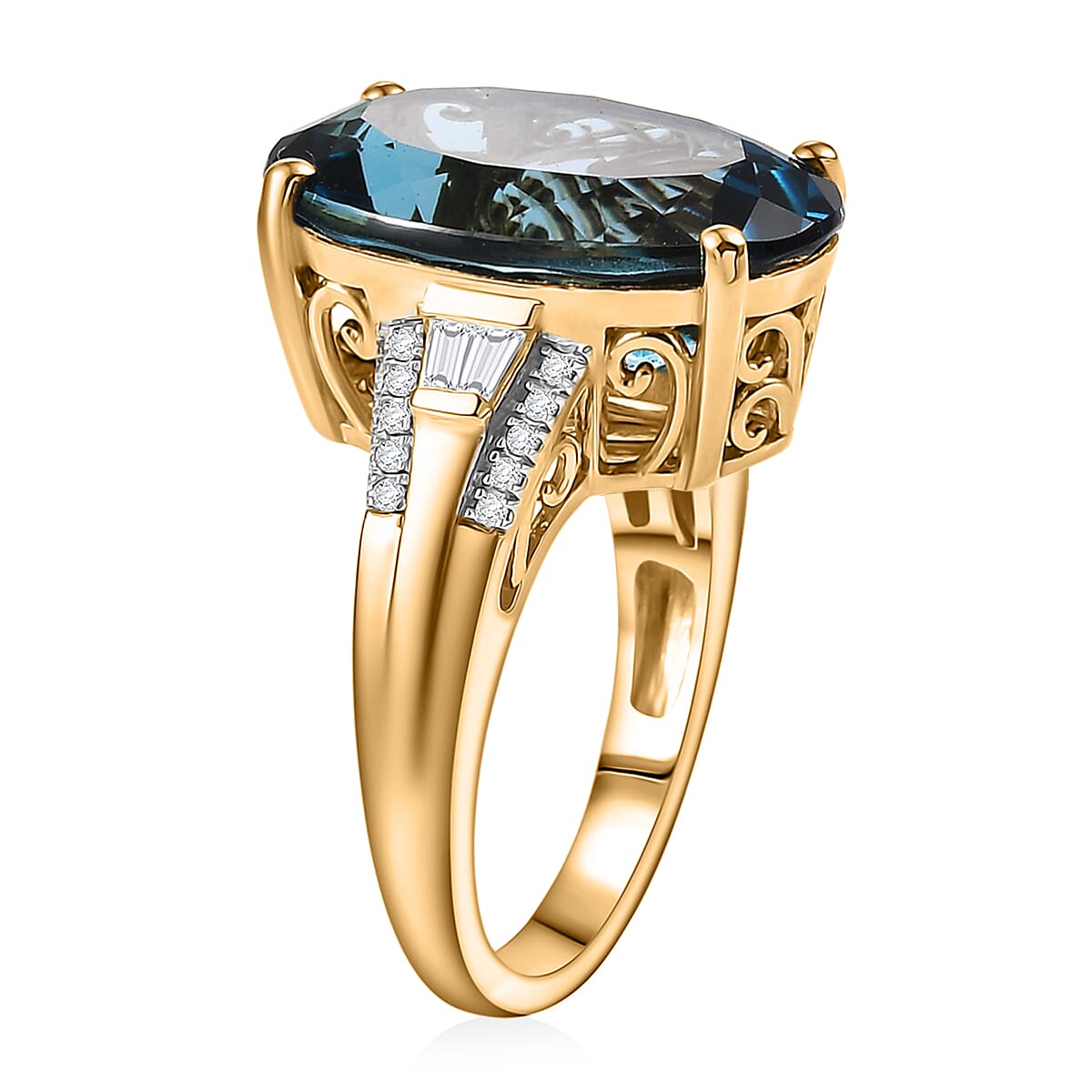 Certified & Appraised D'Joy London Blue Topaz and Moissanite 16.50 ctw Midnight Elegance Ring in 18K Vermeil Yellow Gold Over Sterling Silver (Size 9.0) image number 3