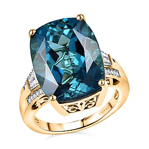 Certified D'Joy London Blue Topaz and Moissanite 16.15 ctw Midnight Elegance Ring in 18K Vermeil Yellow Gold Over Sterling Silver (Size 10.0)