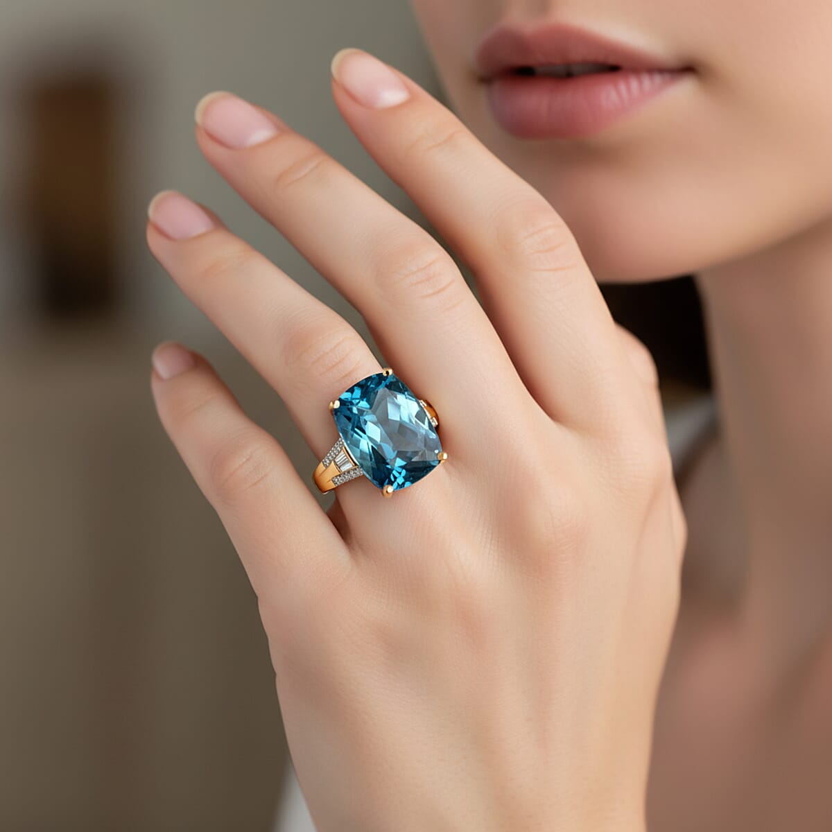 Certified D'Joy London Blue Topaz and Moissanite 16.15 ctw Midnight Elegance Ring in 18K Vermeil Yellow Gold Over Sterling Silver (Size 10.0) image number 2