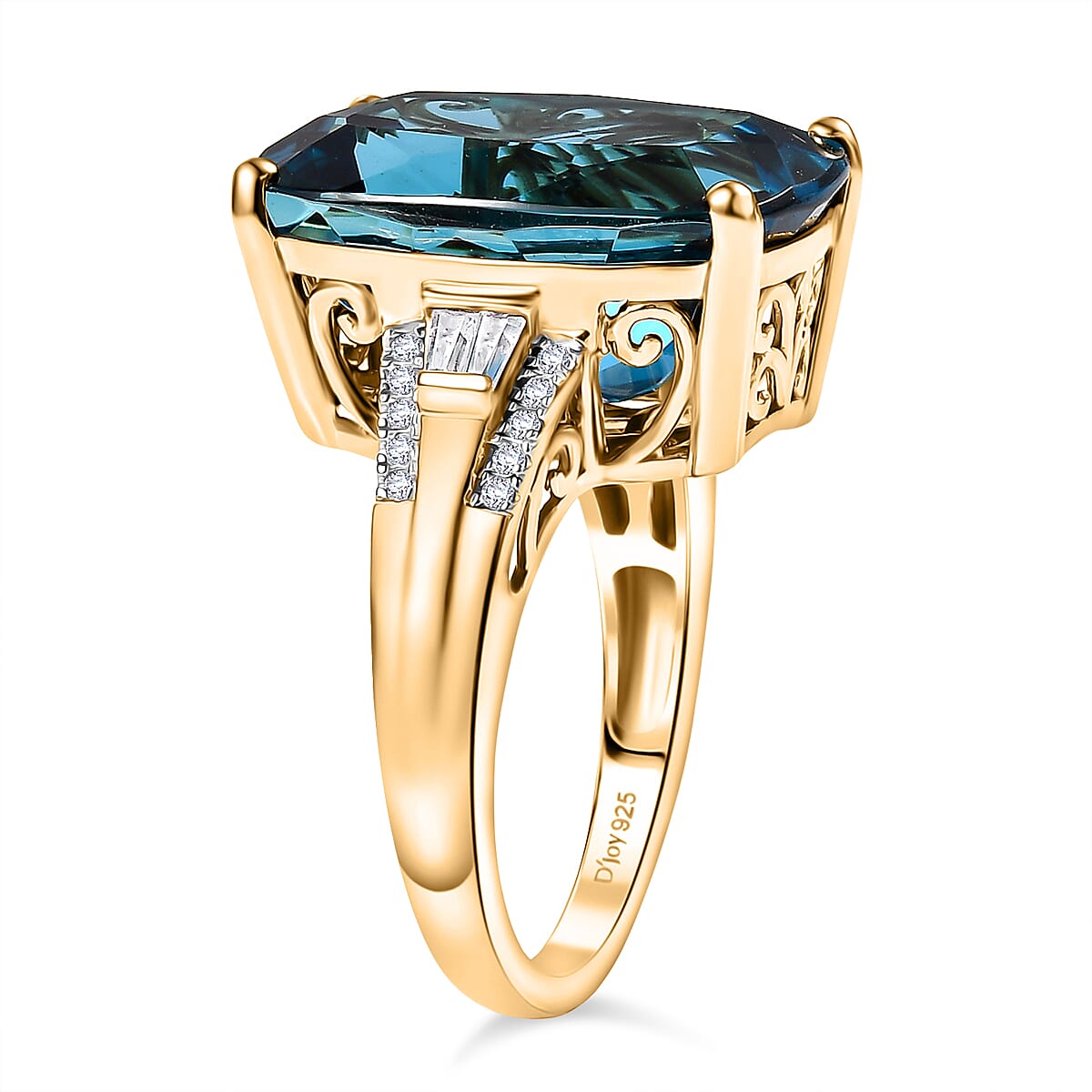 Certified D'Joy London Blue Topaz and Moissanite 16.15 ctw Midnight Elegance Ring in 18K Vermeil Yellow Gold Over Sterling Silver (Size 10.0) image number 3