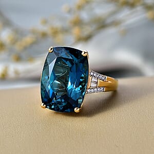D'Joy Certified London Blue Topaz and Moissanite 16.15 ctw Midnight Elegance Ring in 18K Vermeil Yellow Gold Over Sterling Silver (Size 6.0)