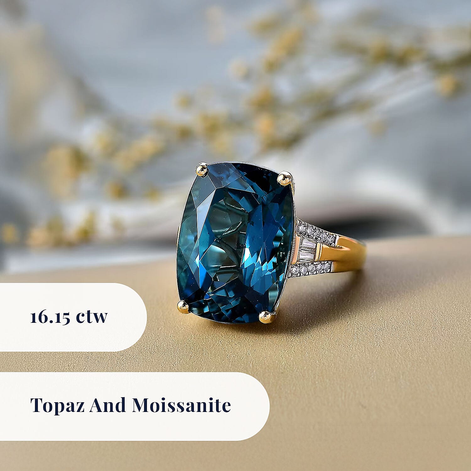 D'Joy London Blue Topaz and Moissanite 16.15 ctw Midnight Elegance Ring in 18K Vermeil Yellow Gold Over Sterling Silver (Size 6.0)