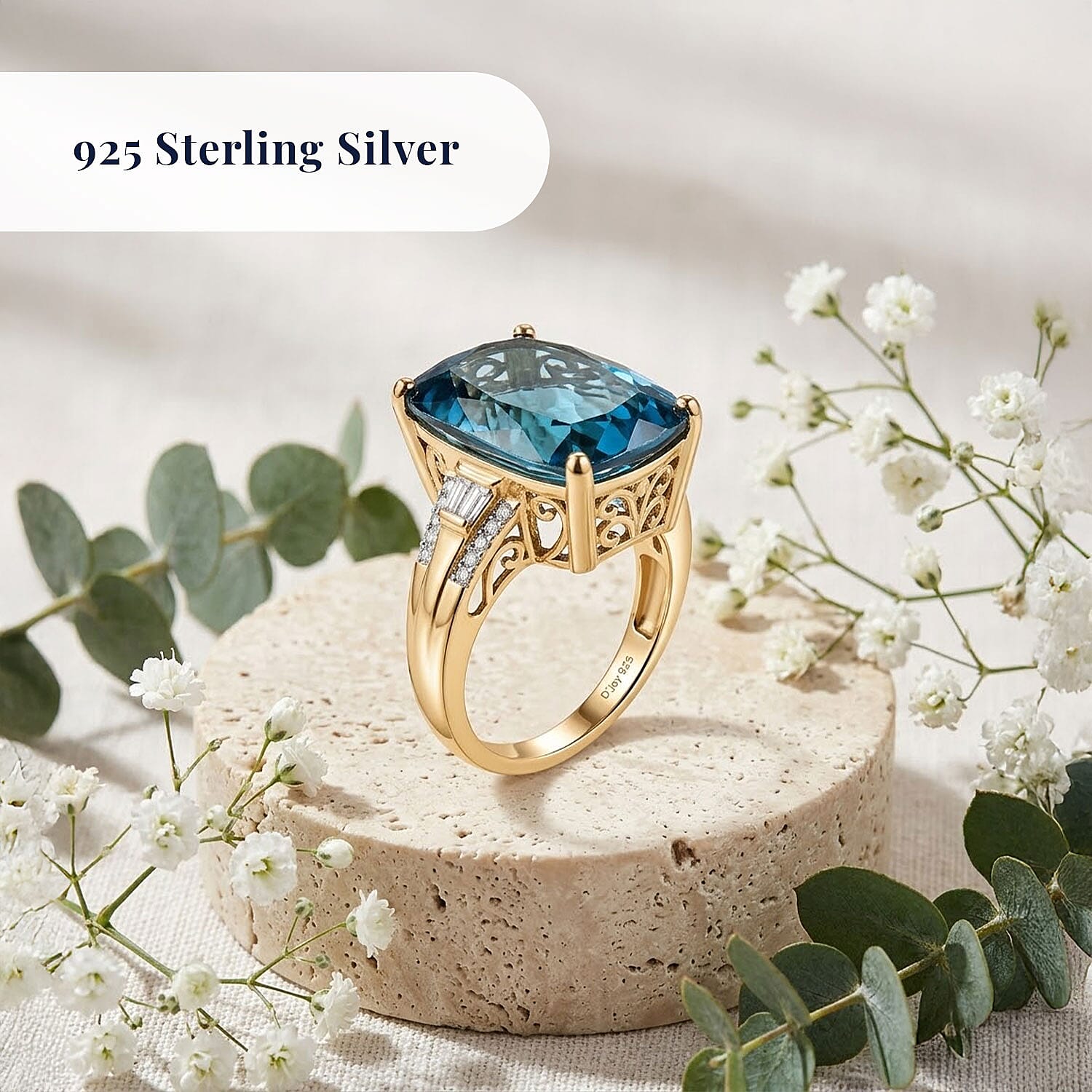 D'Joy London Blue Topaz and Moissanite 16.15 ctw Midnight Elegance Ring in 18K Vermeil Yellow Gold Over Sterling Silver (Size 6.0)