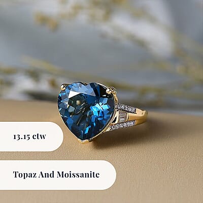 Certified & Appraised D'Joy London Blue Topaz and Moissanite 13.15 ctw Midnight Elegance Ring in 18K Vermeil Yellow Gold Over Sterling Silver (Size 6.0)