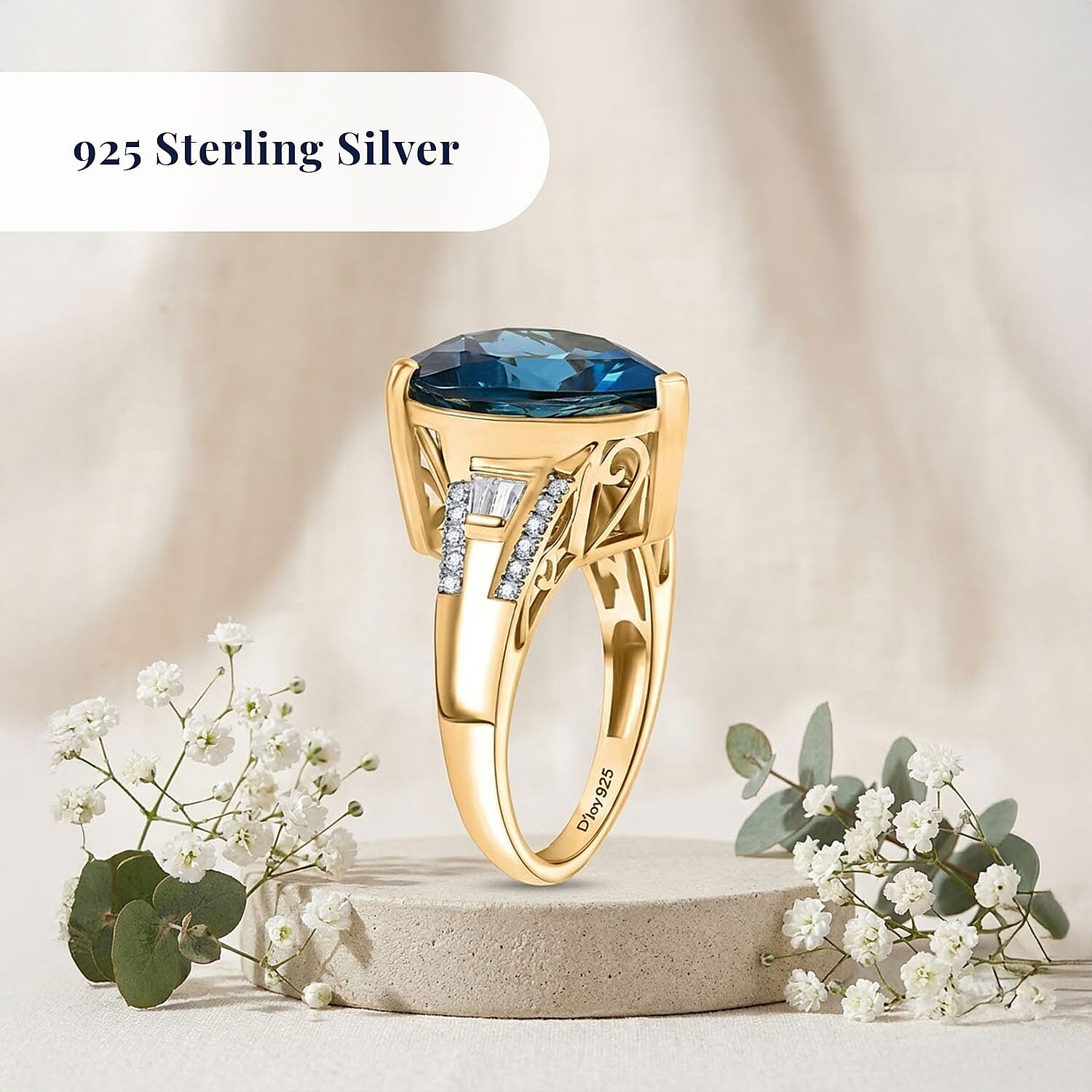 Certified & Appraised D'Joy London Blue Topaz and Moissanite 13.15 ctw Midnight Elegance Ring in 18K Vermeil Yellow Gold Over Sterling Silver (Size 6.0)