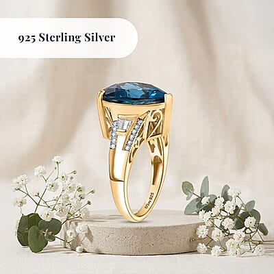 Certified & Appraised D'Joy London Blue Topaz and Moissanite 13.15 ctw Midnight Elegance Ring in 18K Vermeil Yellow Gold Over Sterling Silver (Size 6.0)