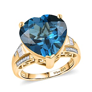 Certified & Appraised D'Joy London Blue Topaz and Moissanite 13.15 ctw Midnight Elegance Ring in 18K Vermeil Yellow Gold Over Sterling Silver (Size 9.0)