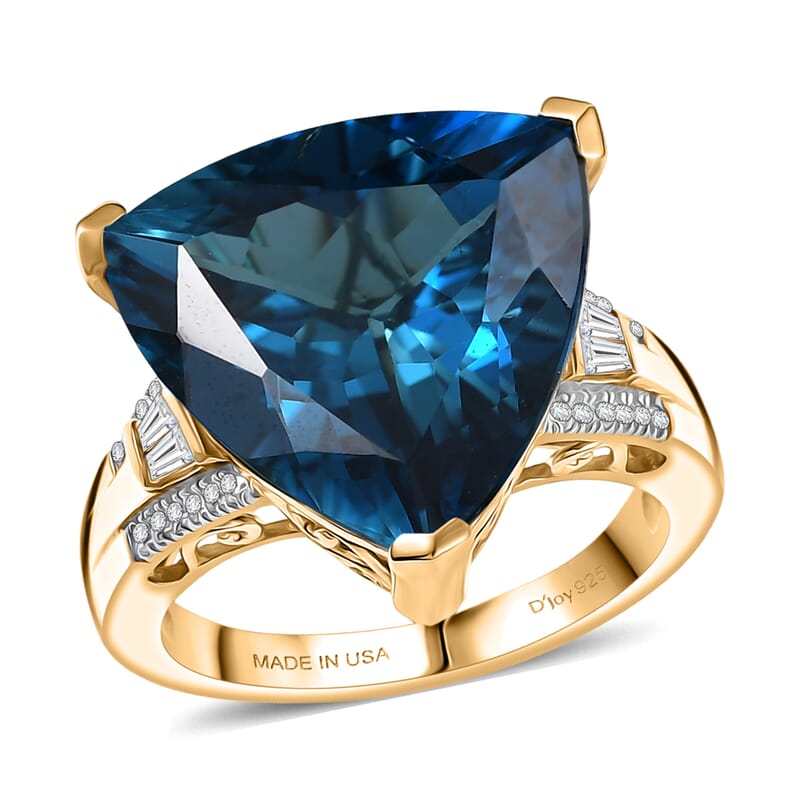 D'Joy Certified London Blue Topaz and Moissanite 14.70 ctw Midnight Elegance Ring in 18K Vermeil Yellow Gold Over Sterling Silver (Size 6.0)