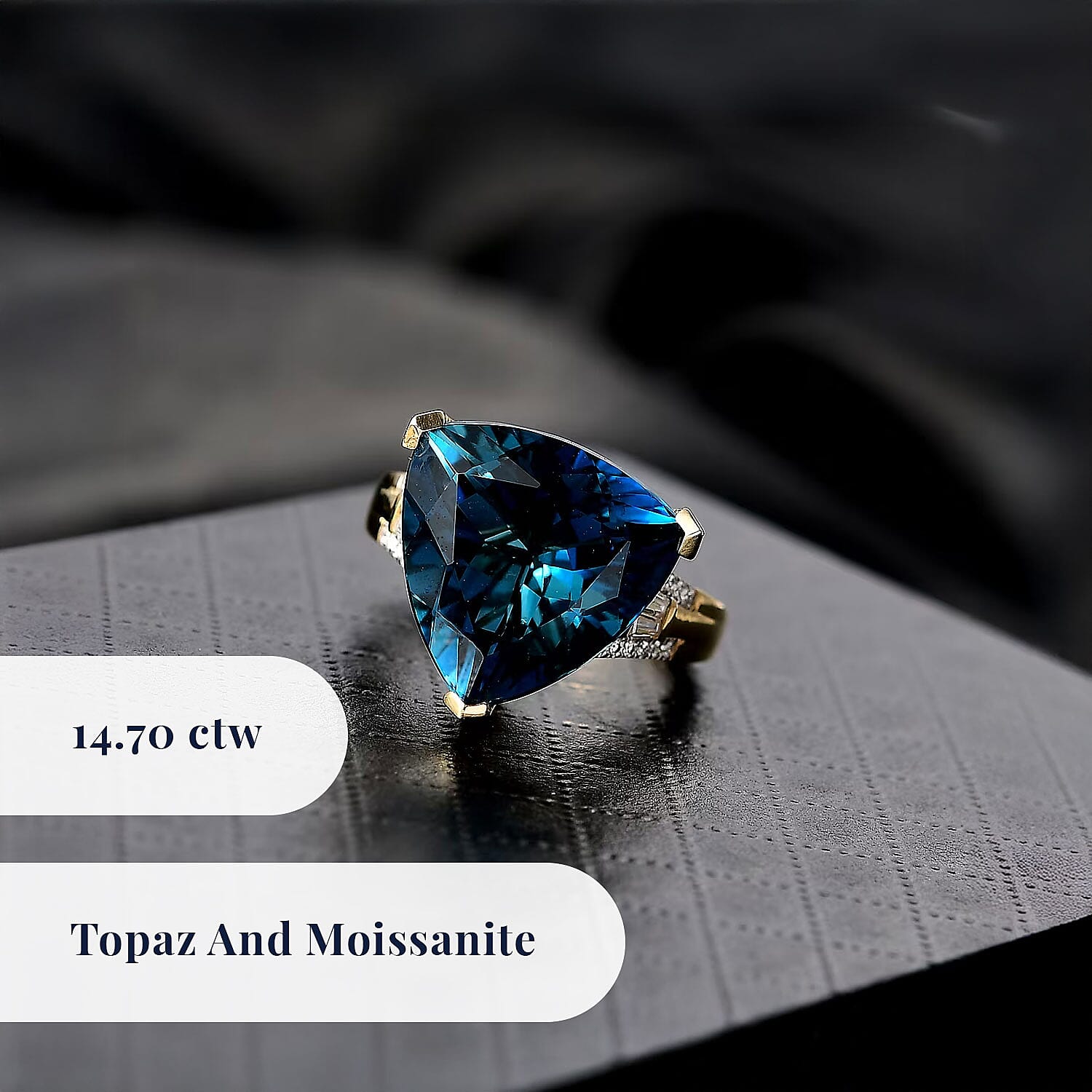 D'Joy Certified London Blue Topaz and Moissanite 14.70 ctw Midnight Elegance Ring in 18K Vermeil Yellow Gold Over Sterling Silver (Size 6.0)