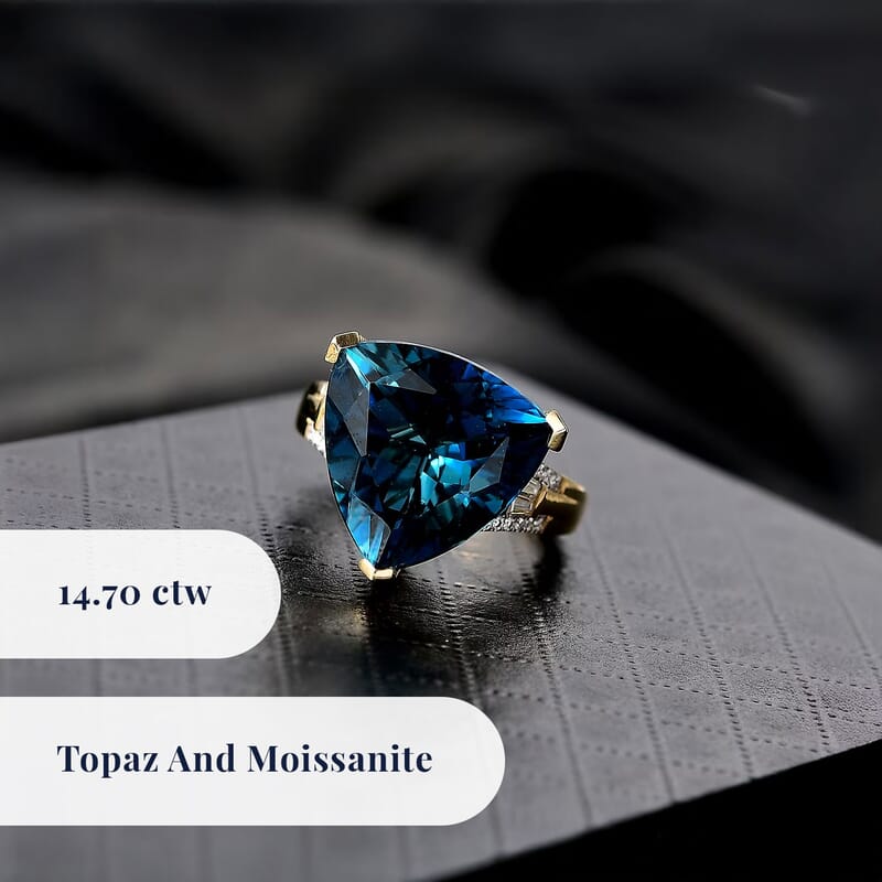 D'Joy Certified London Blue Topaz and Moissanite 14.70 ctw Midnight Elegance Ring in 18K Vermeil Yellow Gold Over Sterling Silver (Size 6.0)