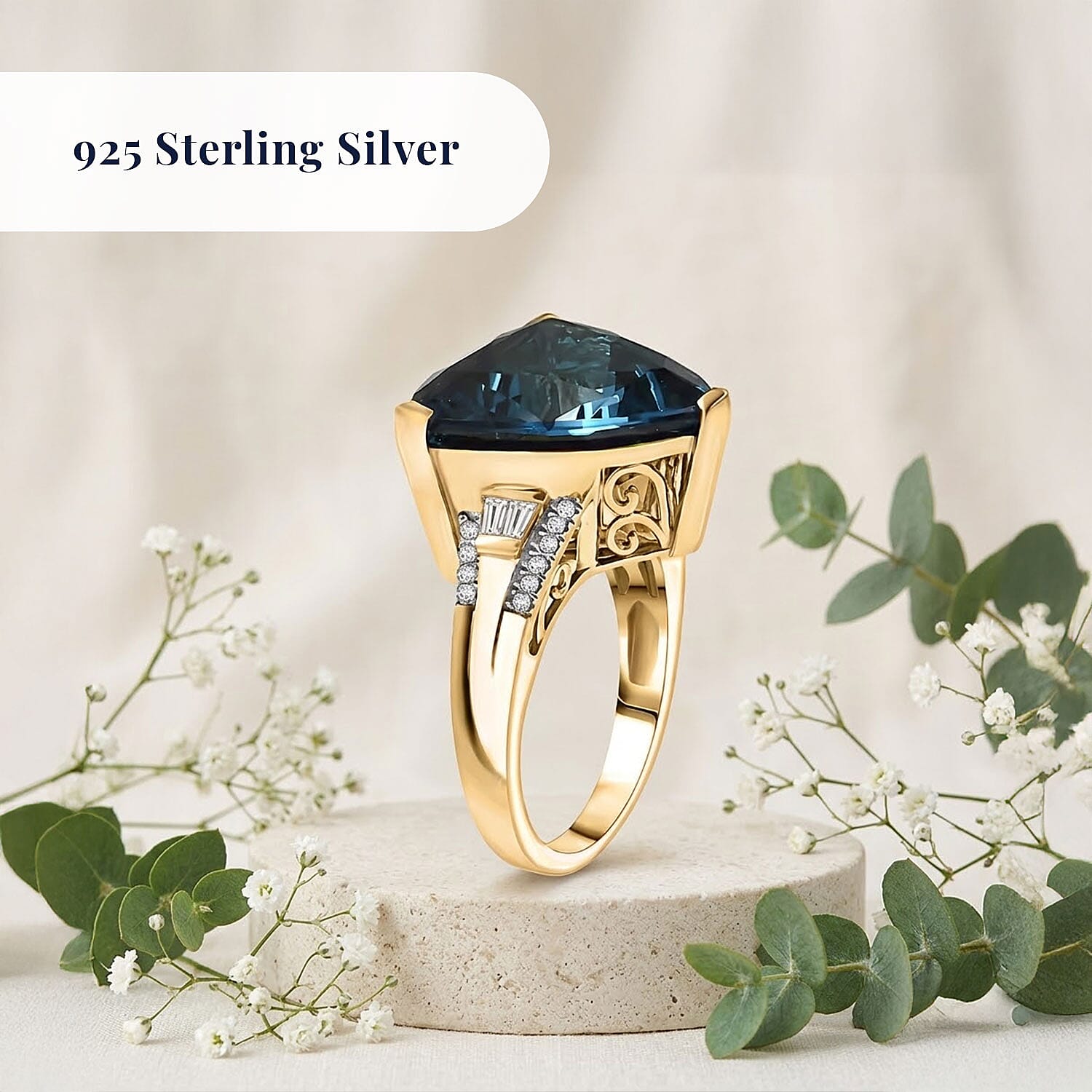 D'Joy Certified London Blue Topaz and Moissanite 14.70 ctw Midnight Elegance Ring in 18K Vermeil Yellow Gold Over Sterling Silver (Size 6.0)