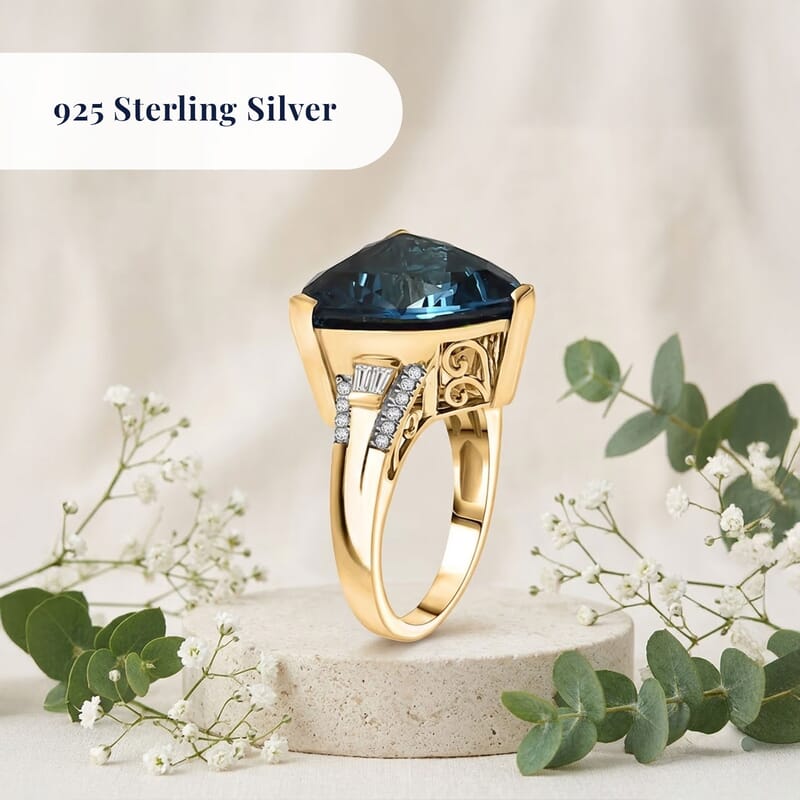 D'Joy Certified London Blue Topaz and Moissanite 14.70 ctw Midnight Elegance Ring in 18K Vermeil Yellow Gold Over Sterling Silver (Size 6.0)