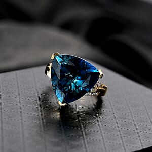 D'Joy Certified London Blue Topaz and Moissanite 14.70 ctw Midnight Elegance Ring in 18K Vermeil Yellow Gold Over Sterling Silver (Size 7.0)