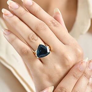 D'Joy Certified London Blue Topaz and Moissanite 14.70 ctw Midnight Elegance Ring in 18K Vermeil Yellow Gold Over Sterling Silver (Size 7.0)