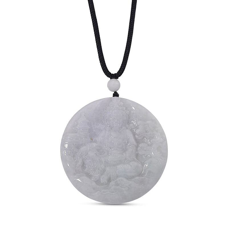 Natural Jade 160.00 ctw Carved Buddha Pendant with Black Rope Cord Necklace (28 Inches)