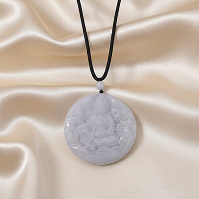 Natural Jade 160.00 ctw Carved Buddha Pendant with Black Rope Cord Necklace (28 Inches)