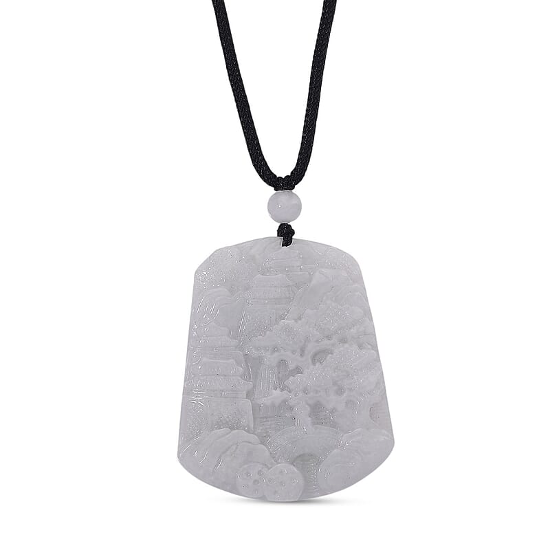 Natural Jade 130.00 ctw Carved Scenery Pendant with Black Rope Cord Necklace 28 Inches