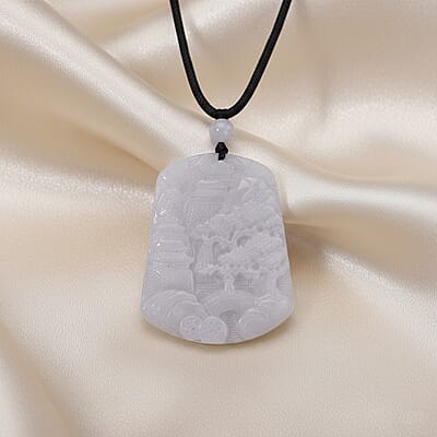 Natural Jade 130.00 ctw Carved Scenery Pendant with Black Rope Cord Necklace 28 Inches