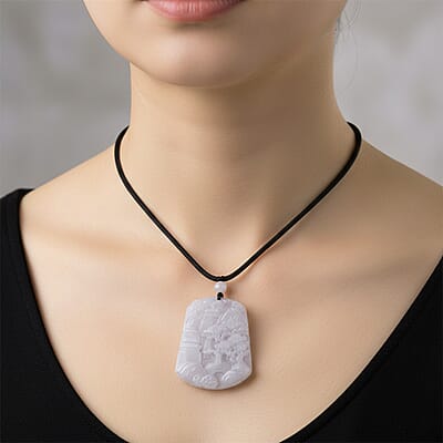 Natural Jade 130.00 ctw Carved Scenery Pendant with Black Rope Cord Necklace 28 Inches