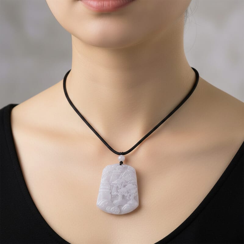 Natural Jade 130.00 ctw Carved Scenery Pendant with Black Rope Cord Necklace 28 Inches
