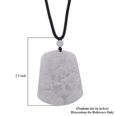 Natural Jade 130.00 ctw Carved Scenery Pendant with Black Rope Cord Necklace 28 Inches