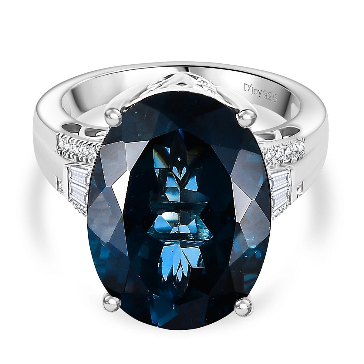 D'Joy London Blue Topaz and Moissanite 12.82 ctw Ring in Rhodium Over Sterling Silver (Size 8.0)
