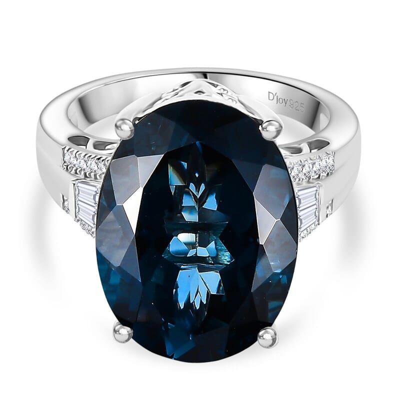 D'Joy London Blue Topaz and Moissanite 12.82 ctw Ring in Rhodium Over Sterling Silver (Size 8.0)