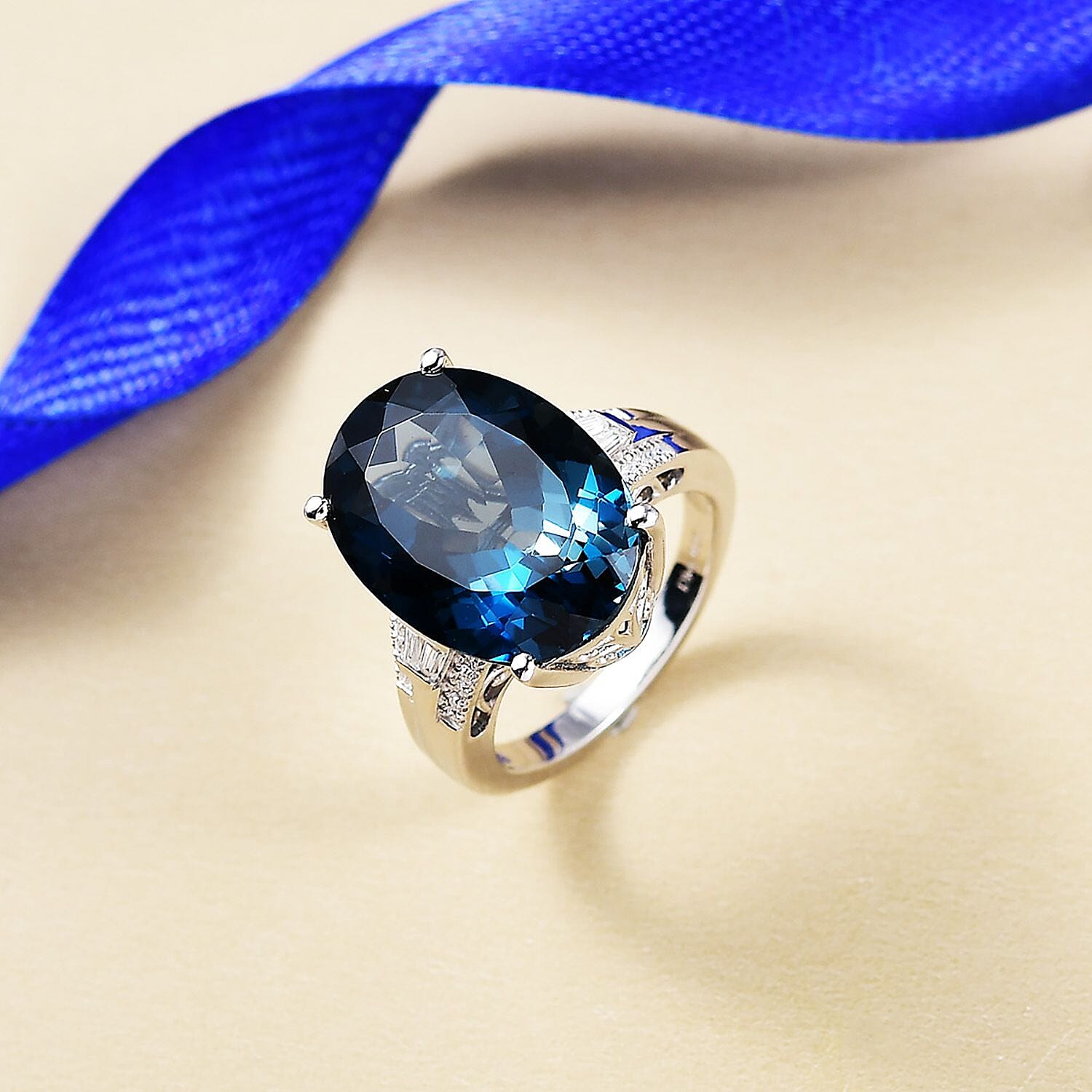 D'Joy London Blue Topaz and Moissanite 12.82 ctw Ring in Rhodium Over Sterling Silver (Size 8.0)