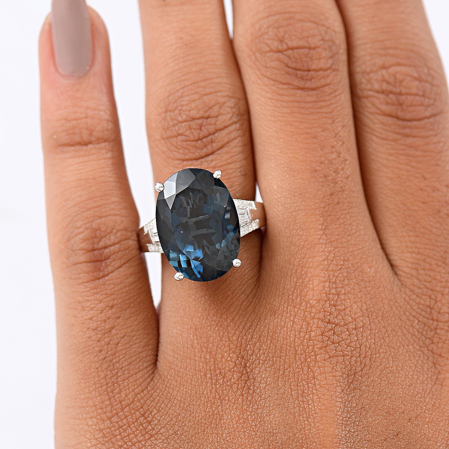 D'Joy London Blue Topaz and Moissanite 12.82 ctw Ring in Rhodium Over Sterling Silver (Size 8.0)