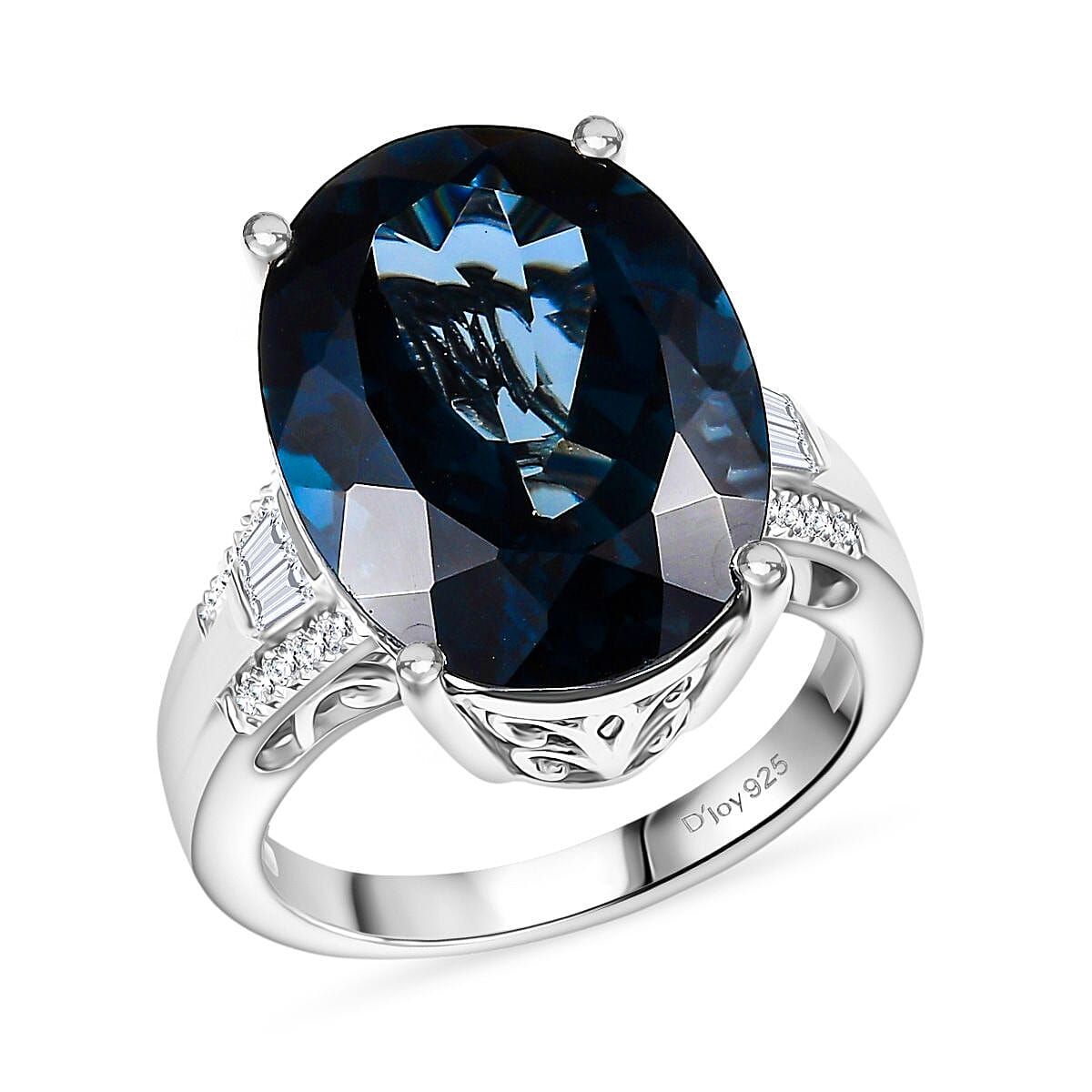 D'Joy London Blue Topaz and Moissanite 12.82 ctw Ring in Rhodium Over Sterling Silver (Size 8.0)