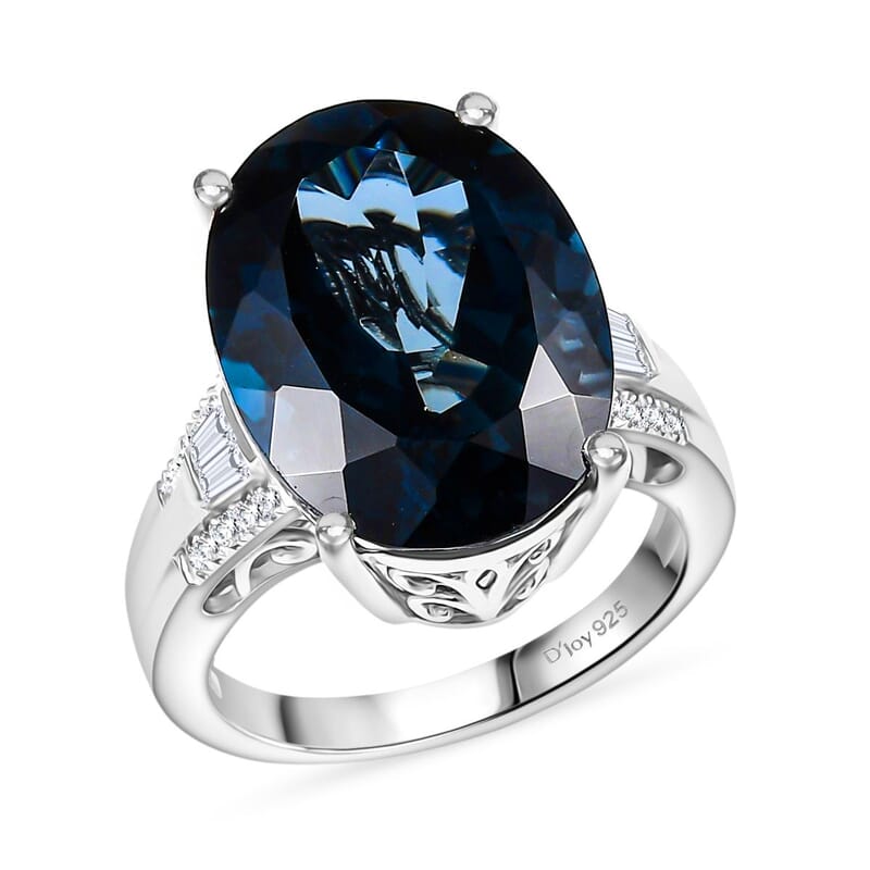 D'Joy London Blue Topaz and Moissanite 12.82 ctw Ring in Rhodium Over Sterling Silver (Size 8.0)