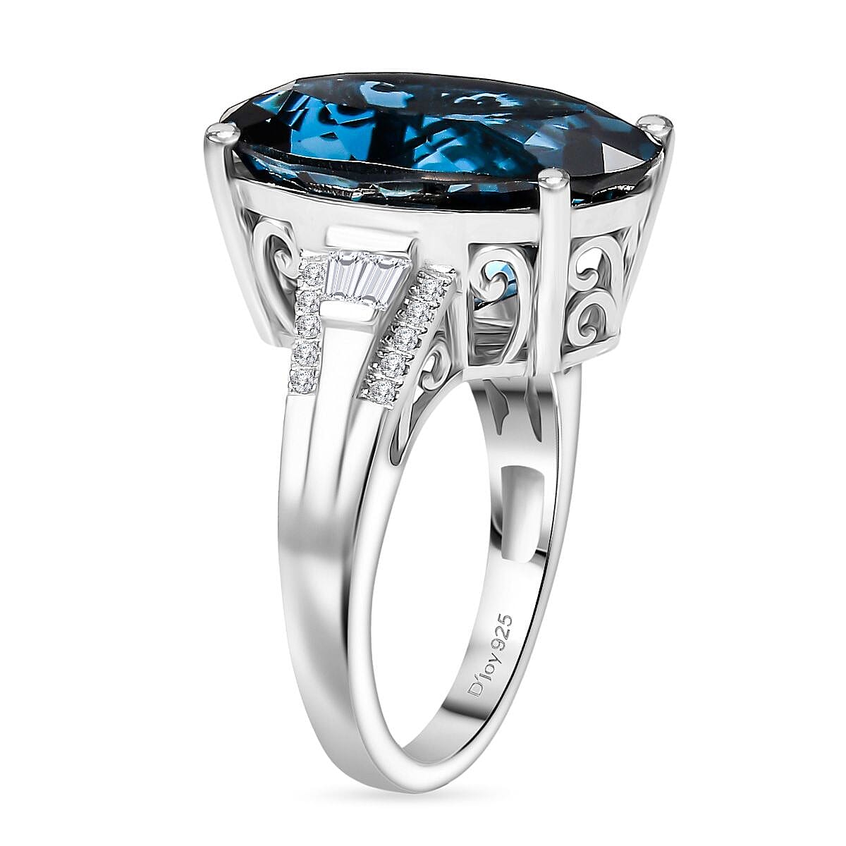 D'Joy London Blue Topaz and Moissanite 12.82 ctw Ring in Rhodium Over Sterling Silver (Size 8.0)