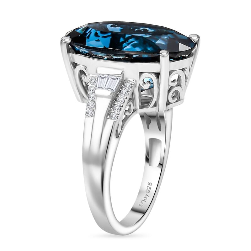 D'Joy London Blue Topaz and Moissanite 12.82 ctw Ring in Rhodium Over Sterling Silver (Size 8.0)