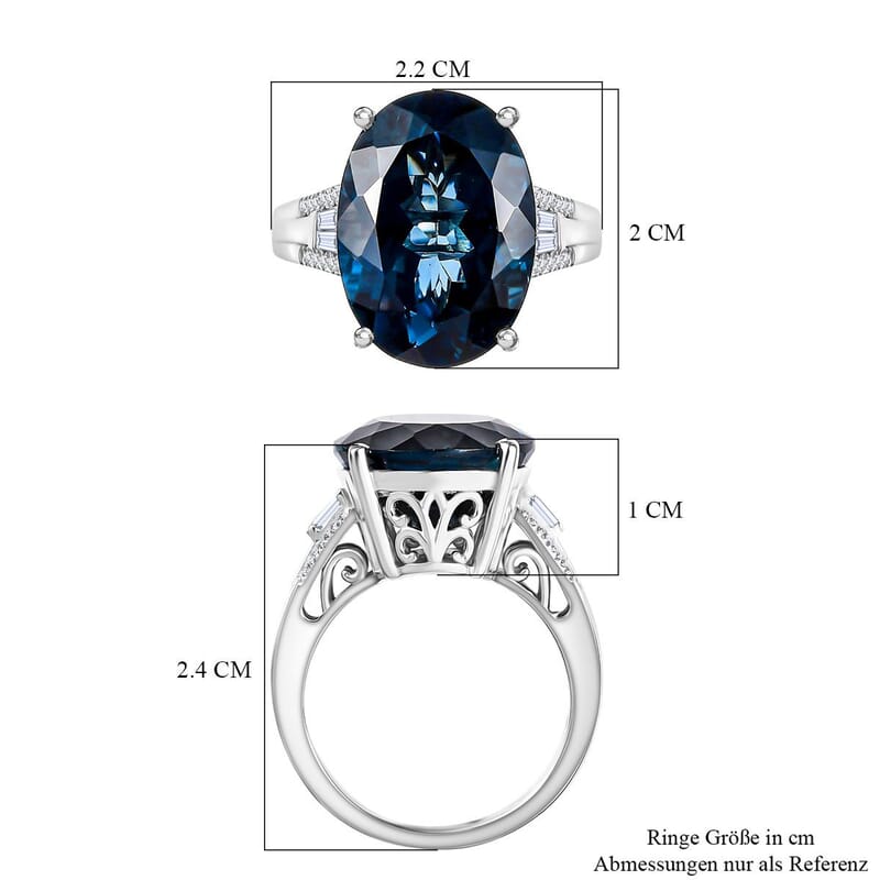 D'Joy London Blue Topaz and Moissanite 12.82 ctw Ring in Rhodium Over Sterling Silver (Size 8.0)