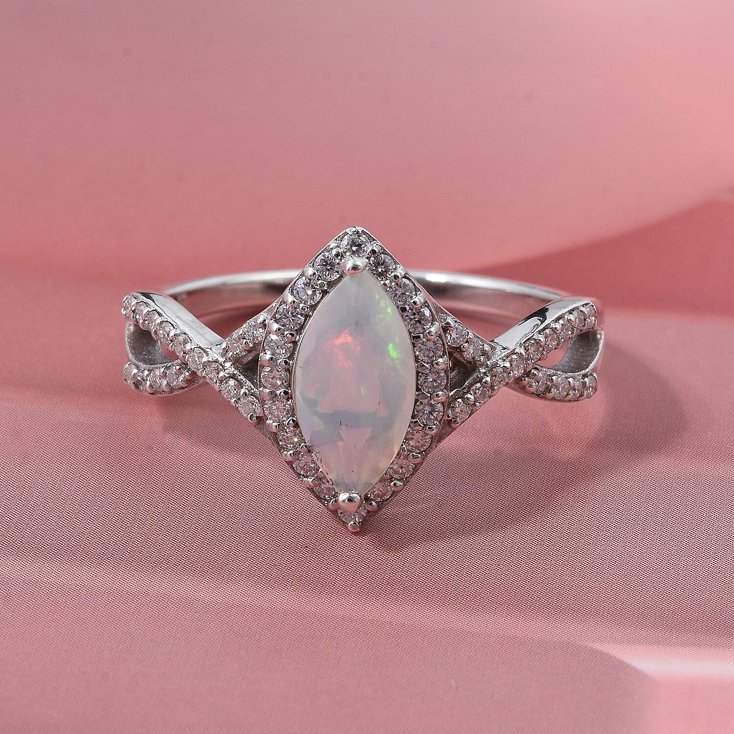 D'Joy Ethiopian Welo Opal and Moissanite 1.00 ctw Ring in Rhodium Over Sterling Silver (Size 10.0)