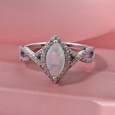 D'Joy Ethiopian Welo Opal and Moissanite 1.00 ctw Ring in Rhodium Over Sterling Silver (Size 10.0)