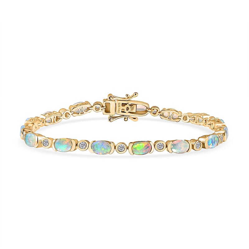D'Joy Premium Ethiopian Welo Opal and White Zircon 5.40 ctw Bracelet in 18K Vermeil Yellow Gold Over Sterling Silver (7.00 In)