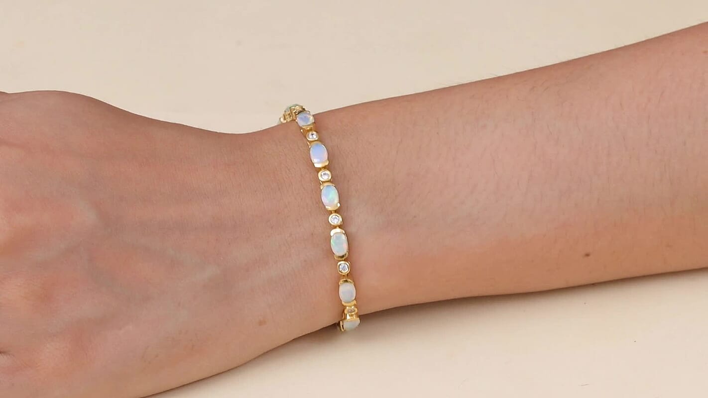 D'Joy Premium Ethiopian Welo Opal and White Zircon 5.40 ctw Bracelet in 18K Vermeil Yellow Gold Over Sterling Silver (7.00 In)