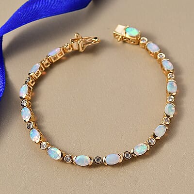 D'Joy Premium Ethiopian Welo Opal and White Zircon 5.40 ctw Bracelet in 18K Vermeil Yellow Gold Over Sterling Silver (7.00 In)