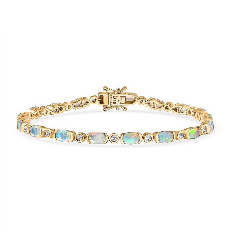 D'Joy Premium Ethiopian Welo Opal and White Zircon 4.90 ctw Bracelet in 18K Vermeil Yellow Gold Over Sterling Silver (8.00 In)