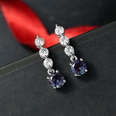 Luxuriant AAA Lab Grown Alexandrite and White Zircon 2.50 ctw Earrings in Rhodium Over Sterling Silver