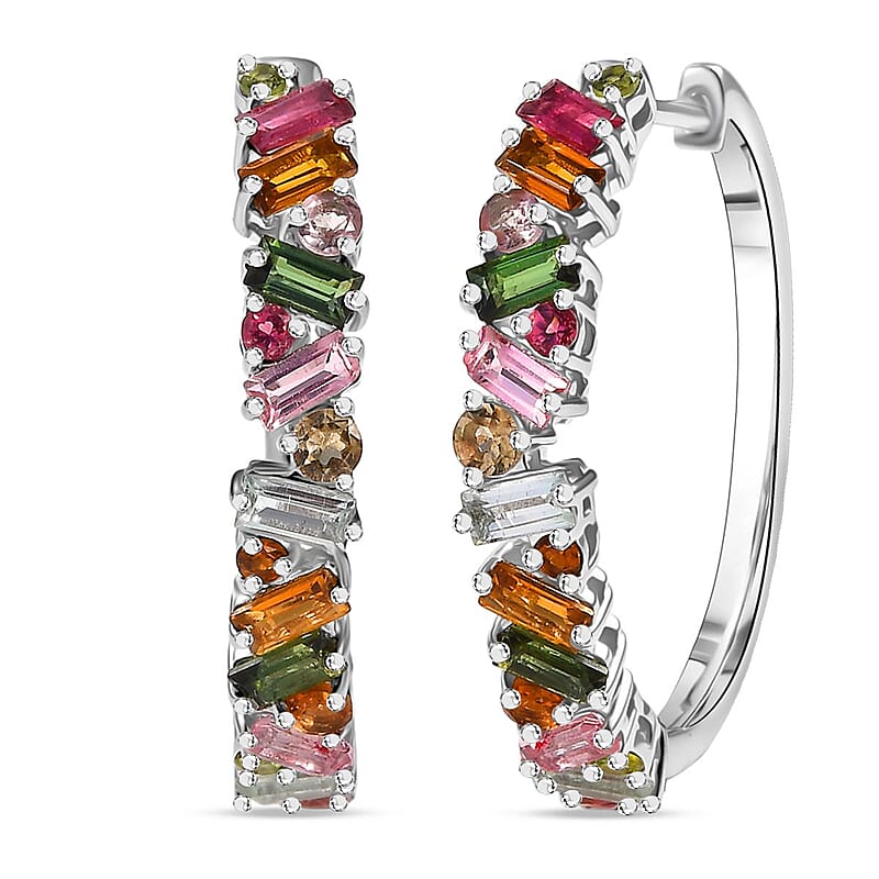  D'Joy Premium Multi-Tourmaline 3.00 ctw Vibrancy of Life Hoop Earrings in Rhodium Over Sterling Silver