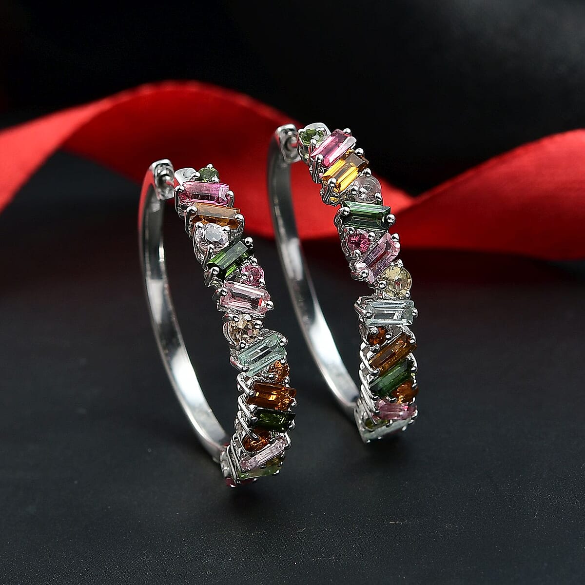 Doorbuster D'Joy Premium Multi-Tourmaline 3.00 ctw Vibrancy of Life Hoop Earrings in Rhodium Over Sterling Silver image number 1