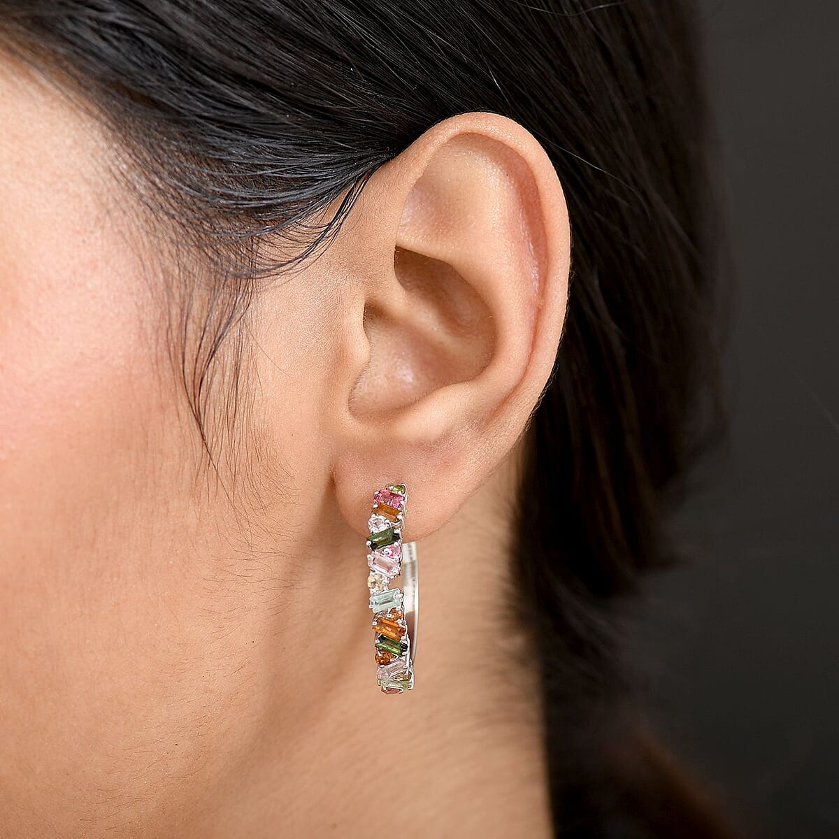 Doorbuster D'Joy Premium Multi-Tourmaline 3.00 ctw Vibrancy of Life Hoop Earrings in Rhodium Over Sterling Silver image number 2