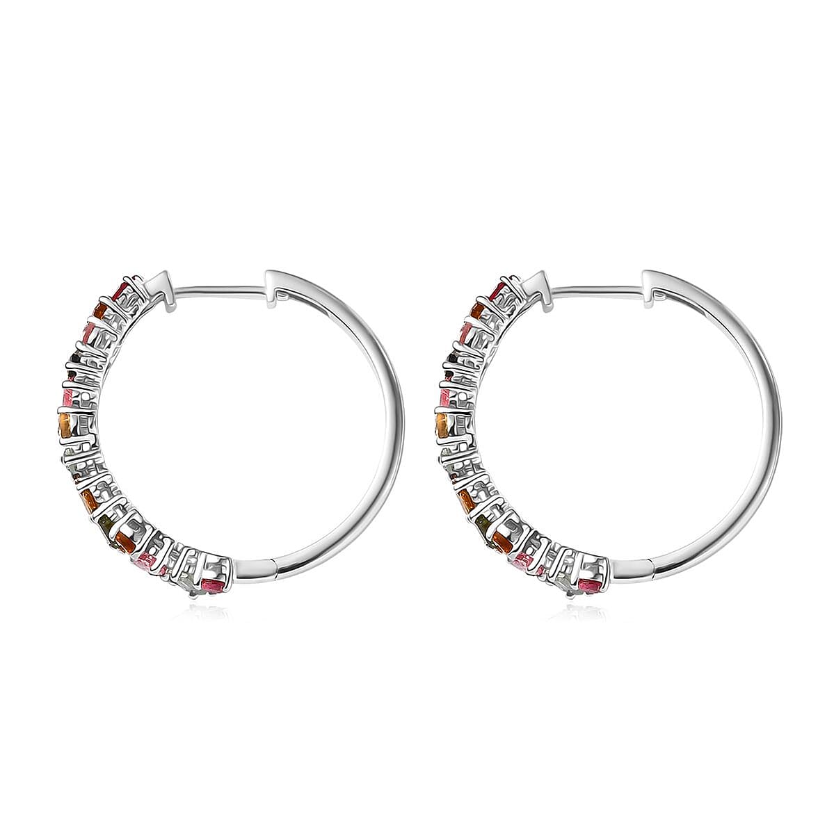 Doorbuster D'Joy Premium Multi-Tourmaline 3.00 ctw Vibrancy of Life Hoop Earrings in Rhodium Over Sterling Silver image number 3