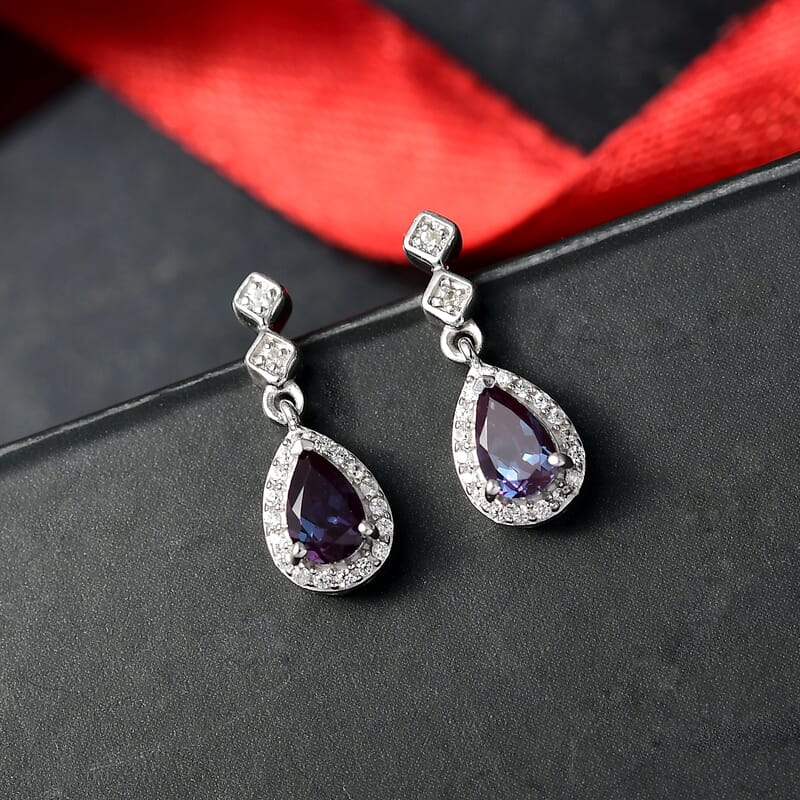 Luxuriant AAA Lab Grown Alexandrite and White Zircon 1.15 ctw Earrings in Rhodium Over Sterling Silver