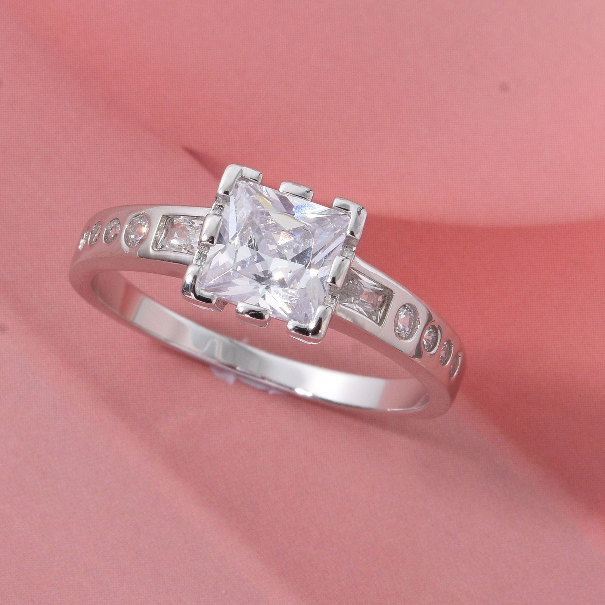 Square Cut Simulated Diamond Ring in Sterling Silver (Size 9)