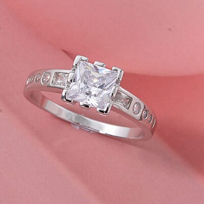 Square Cut Simulated Diamond Ring in Sterling Silver (Size 9)